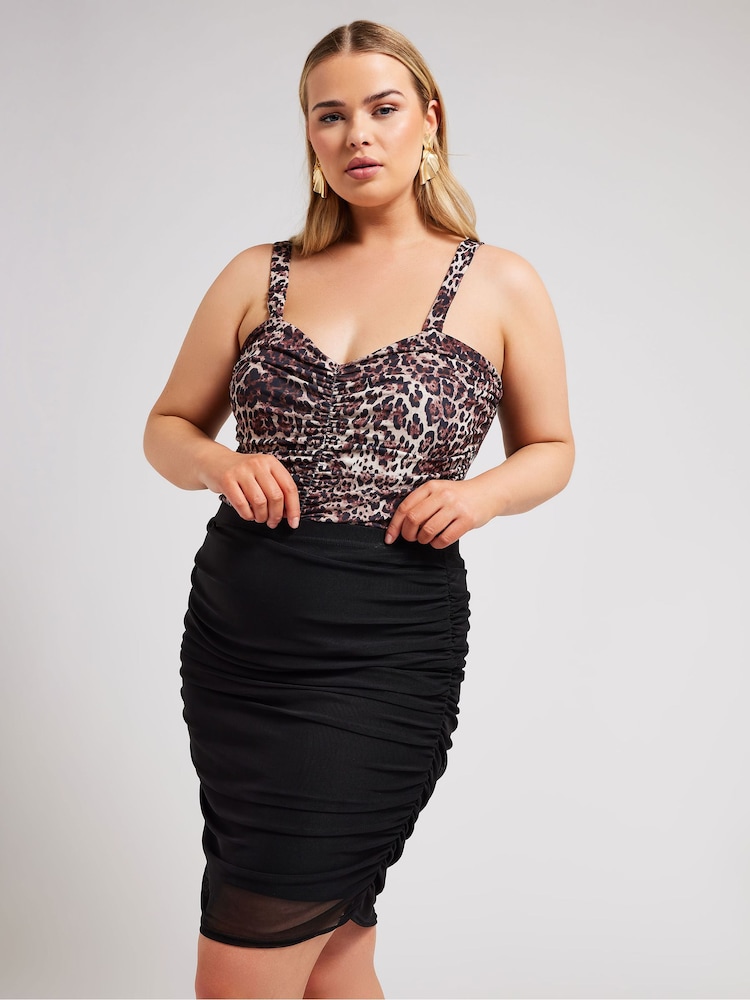 Black - Yours Curve LONDON Leopard Print Gathered Mesh Skirt - Image 1 of 5 Black - Yours Curve LONDON Leopard Print Gathered Mesh Skirt - Image 1 of 5