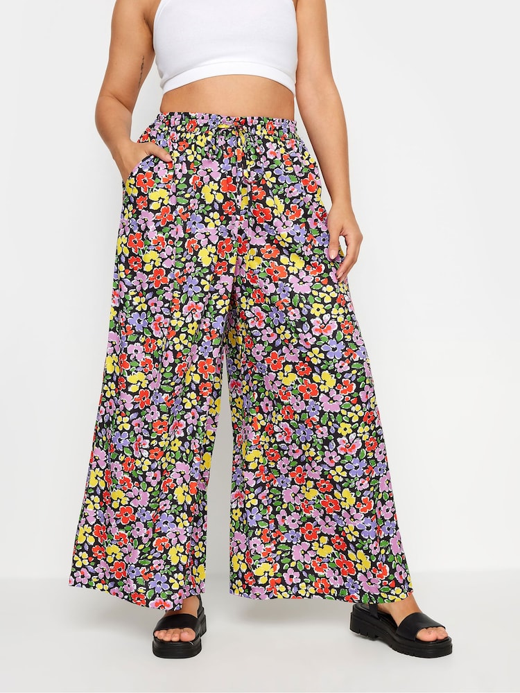 Yours Curve Black Light LIMITED COLLECTION  Abstract Print Drawstring Wide Leg Trousers - Image 1 of 5