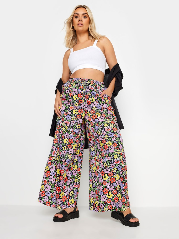 Yours Curve Black Light LIMITED COLLECTION  Abstract Print Drawstring Wide Leg Trousers - Image 2 of 5