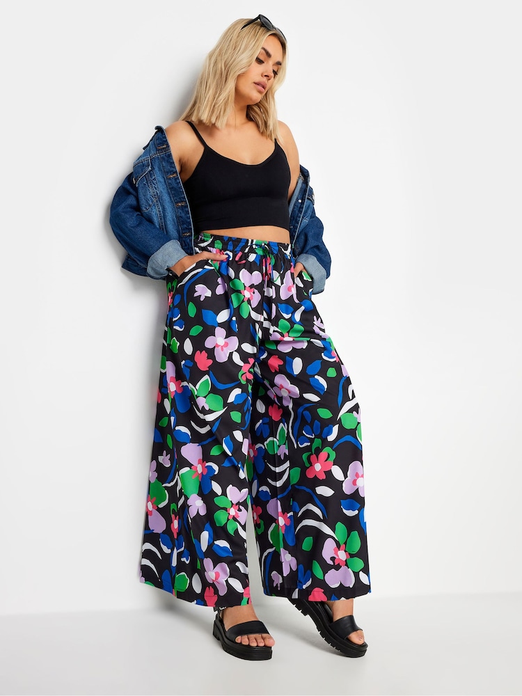 Yours Curve Black Dark LIMITED COLLECTION  Abstract Print Drawstring Wide Leg Trousers - Image 2 of 5
