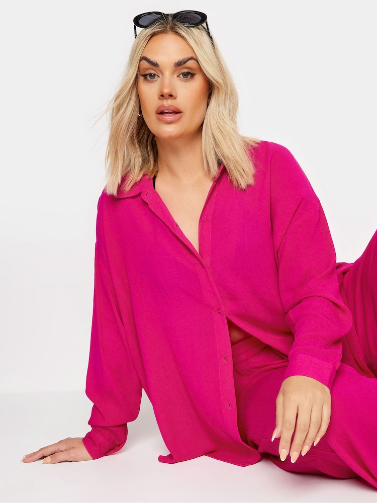 Yours Curve Pink Floral Print Crinkle Beach Shirt - Image 4 of 4