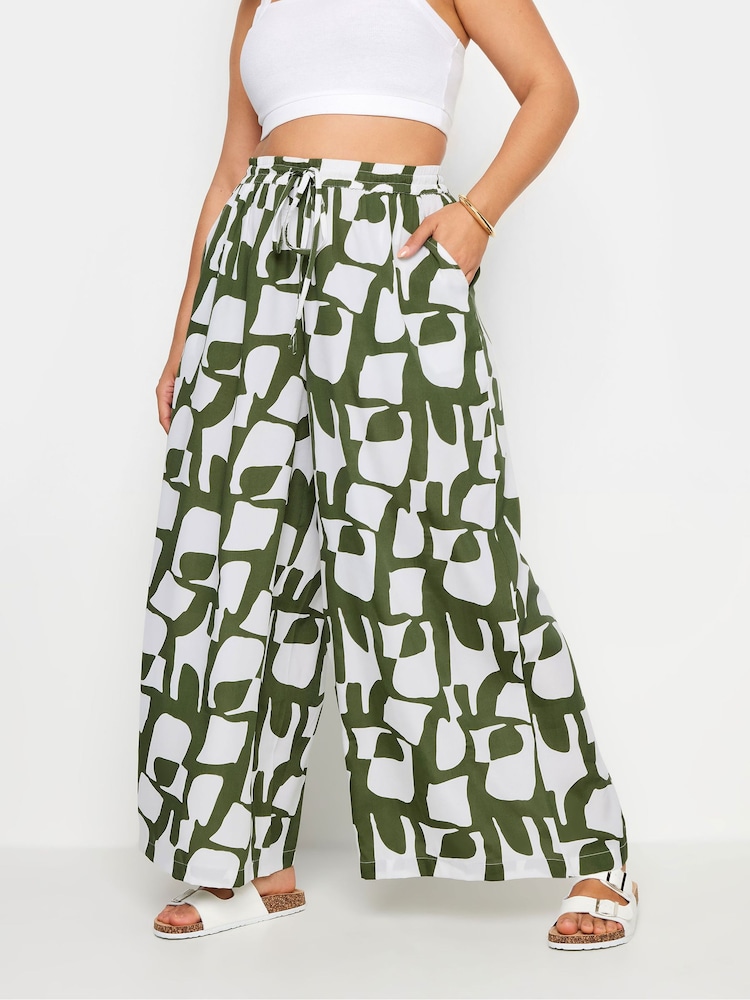 Yours Curve Green LIMITED COLLECTION  Abstract Print Drawstring Wide Leg Trousers - Image 1 of 5