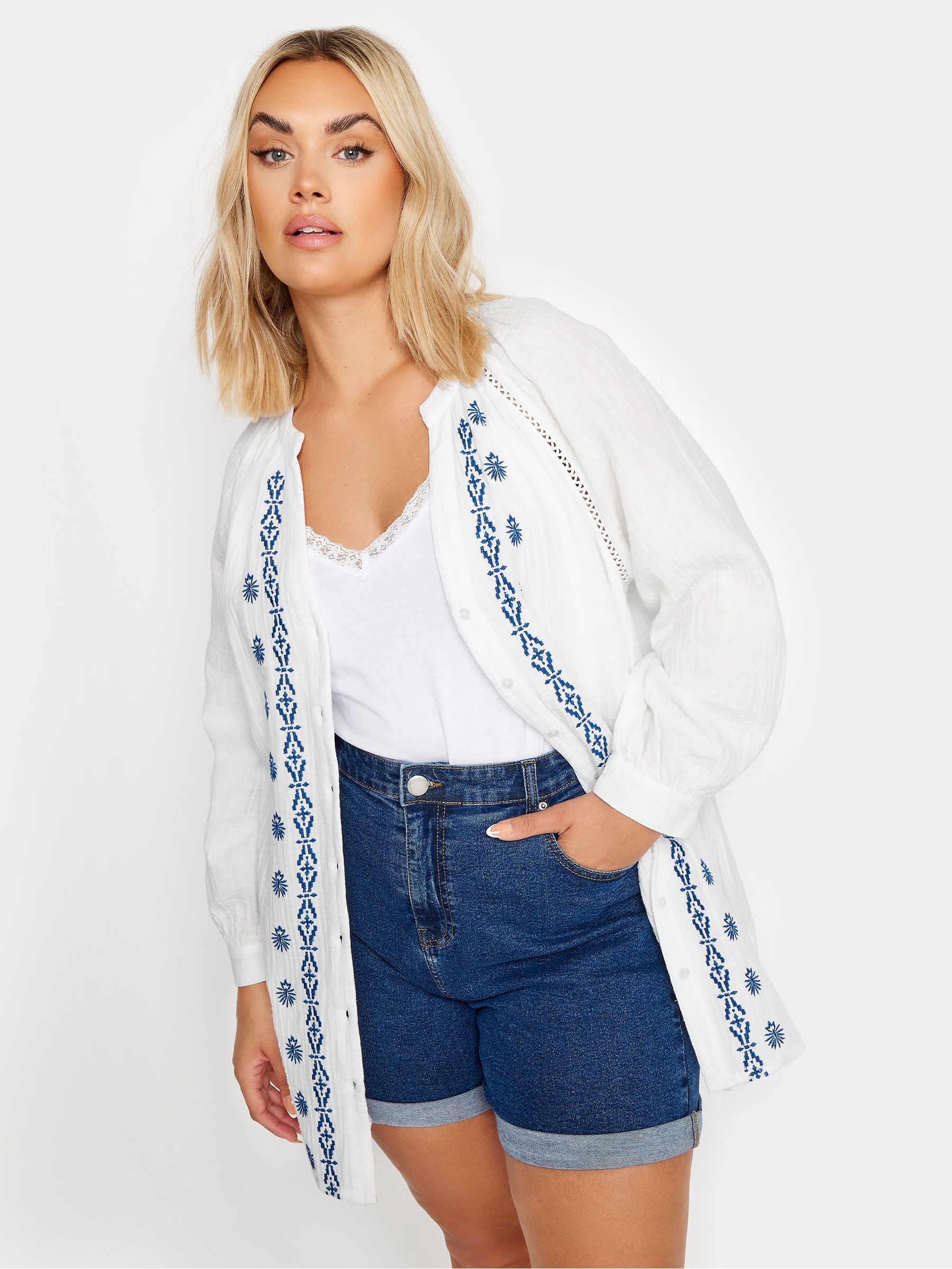 Buy Yours Curve White & Navy Blue 100% Cotton Cheesecloth Blouse