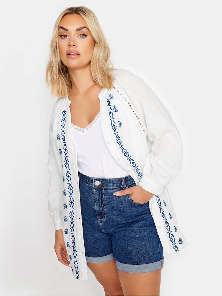 Yours Curve White & Navy Blue 100% Cotton Cheesecloth Blouse - Image 1 of 5