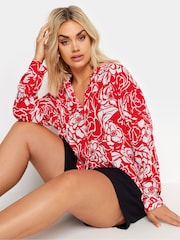 Yours Curve Red Floral Print Crinkle Beach Shirt - Image 1 of 5