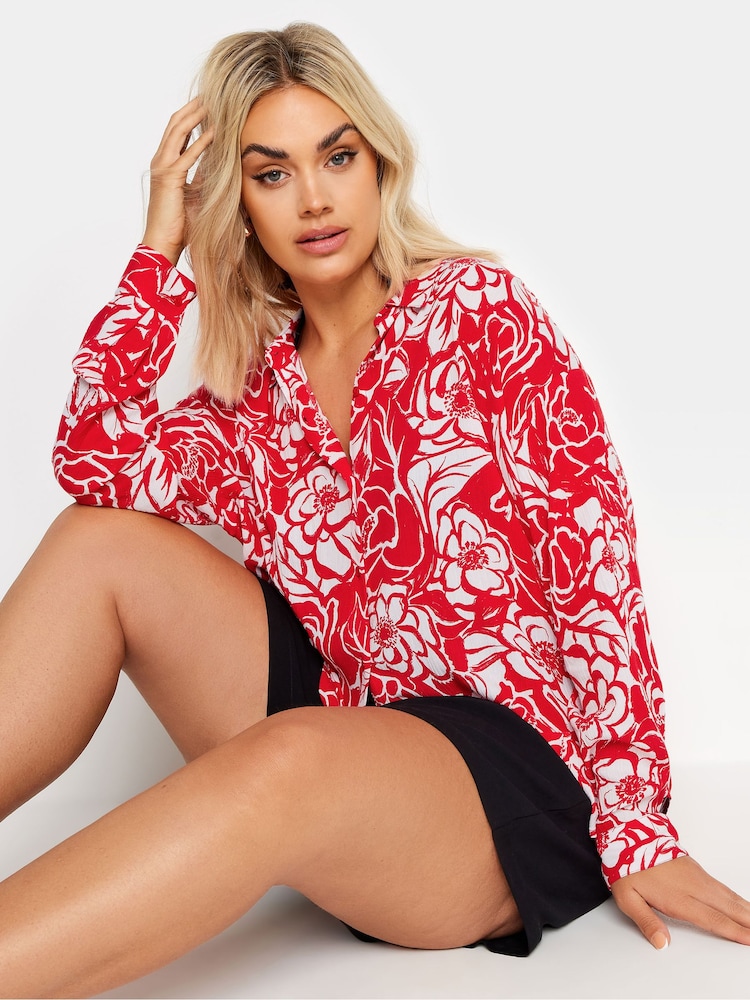 Yours Curve Red Floral Print Crinkle Beach Shirt - Image 1 of 5