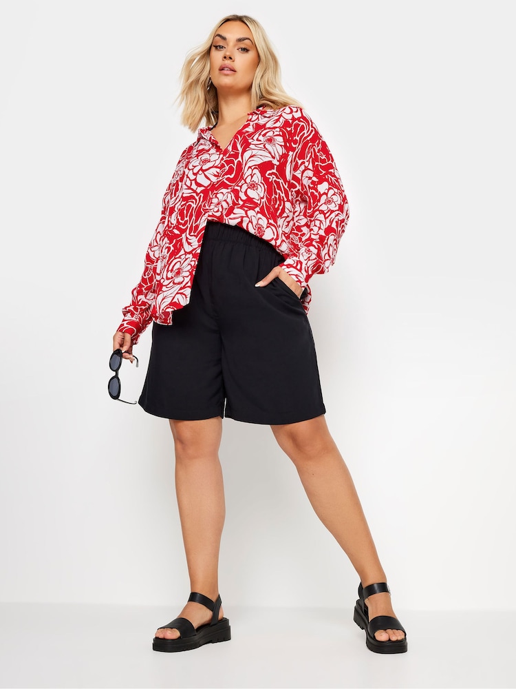 Yours Curve Red Floral Print Crinkle Beach Shirt - Image 2 of 5