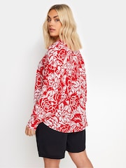 Yours Curve Red Floral Print Crinkle Beach Shirt - Image 3 of 5