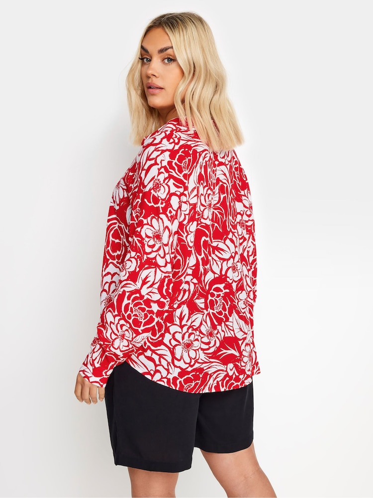 Yours Curve Red Floral Print Crinkle Beach Shirt - Image 3 of 5
