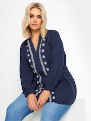 Yours Curve Blue 100% Cotton Cheesecloth Blouse - Image 1 of 5