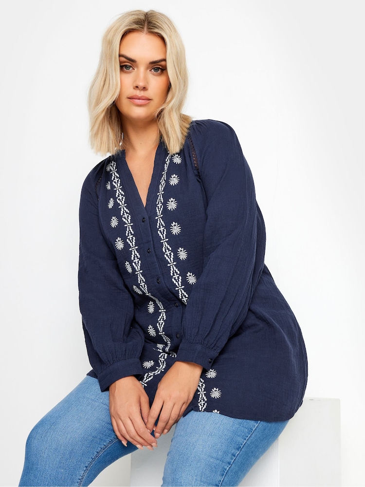 Yours Curve Blue 100% Cotton Cheesecloth Blouse - Image 1 of 5