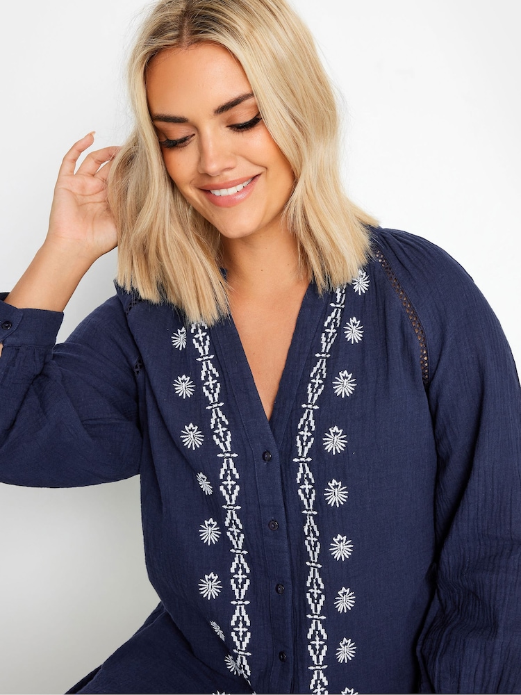 Yours Curve Blue 100% Cotton Cheesecloth Blouse - Image 2 of 5