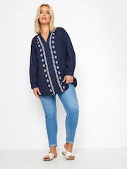 Yours Curve Blue 100% Cotton Cheesecloth Blouse - Image 3 of 5