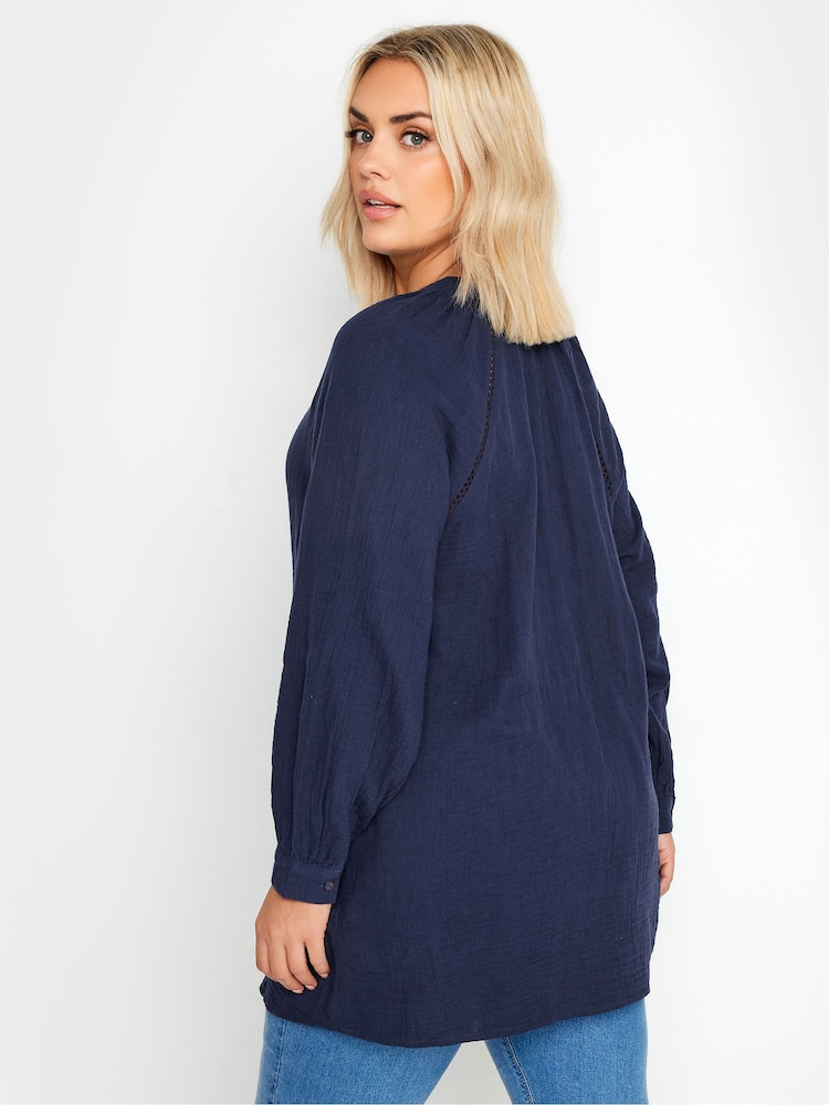 Yours Curve Blue 100% Cotton Cheesecloth Blouse - Image 4 of 5