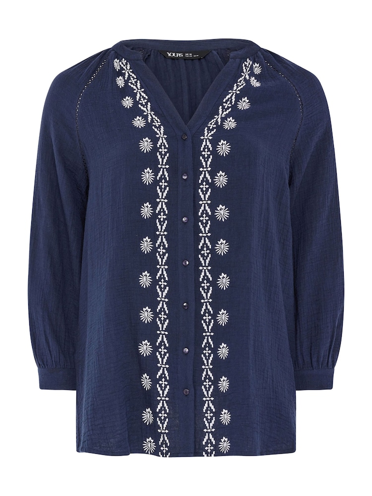 Yours Curve Blue 100% Cotton Cheesecloth Blouse - Image 5 of 5