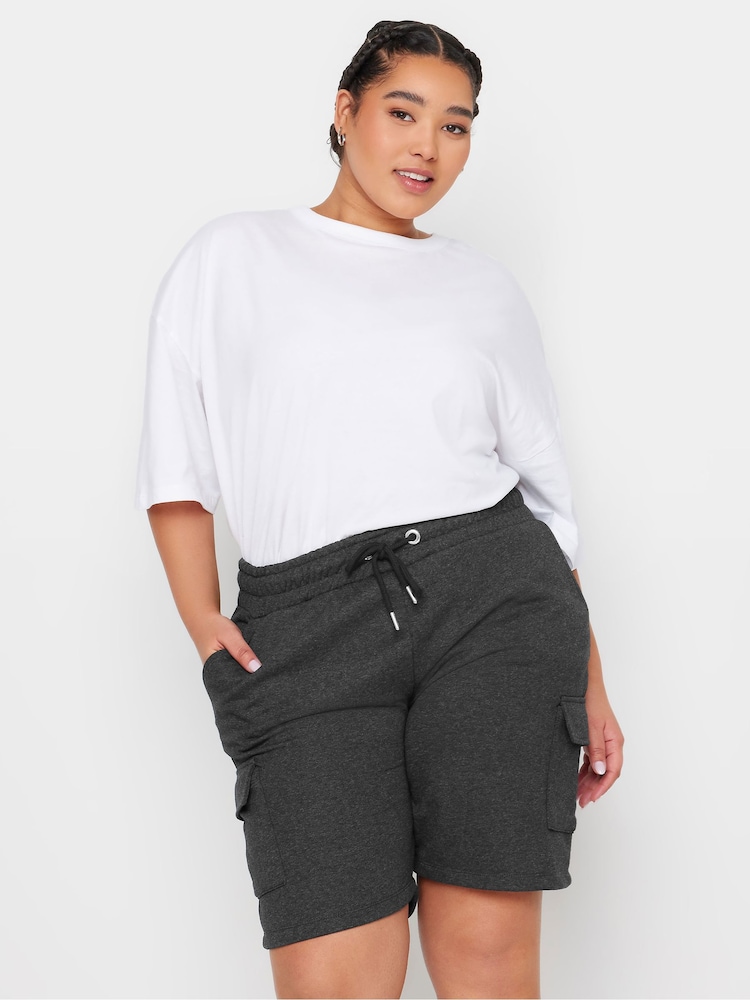 Yours Curve Grey Charcoal Grey Cargo Jogger Shorts - Image 1 of 5