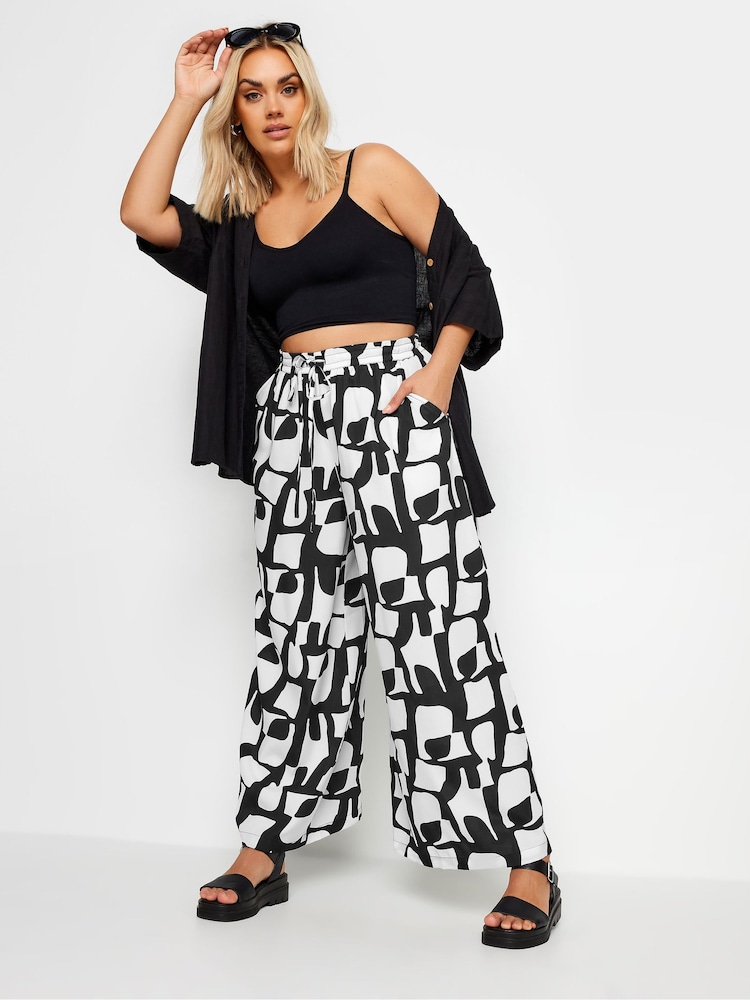 Yours Curve Black LIMITED COLLECTION  Abstract Print Drawstring Wide Leg Trousers - Image 2 of 5