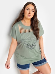 Yours Curve Green 100% Cotton Diamante Wild Heart Laser Cut T-Shirt - Image 1 of 6