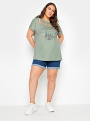 Yours Curve Green 100% Cotton Diamante Wild Heart Laser Cut T-Shirt - Image 2 of 6