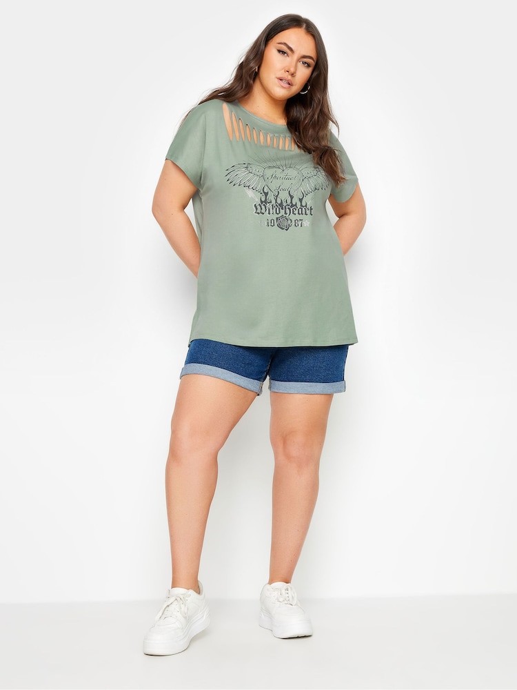 Yours Curve Green 100% Cotton Diamante Wild Heart Laser Cut T-Shirt - Image 2 of 6