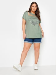 Yours Curve Green 100% Cotton Diamante Wild Heart Laser Cut T-Shirt - Image 3 of 6
