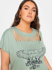 Yours Curve Green 100% Cotton Diamante Wild Heart Laser Cut T-Shirt - Image 5 of 6