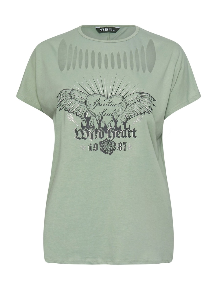 Yours Curve Green 100% Cotton Diamante Wild Heart Laser Cut T-Shirt - Image 6 of 6