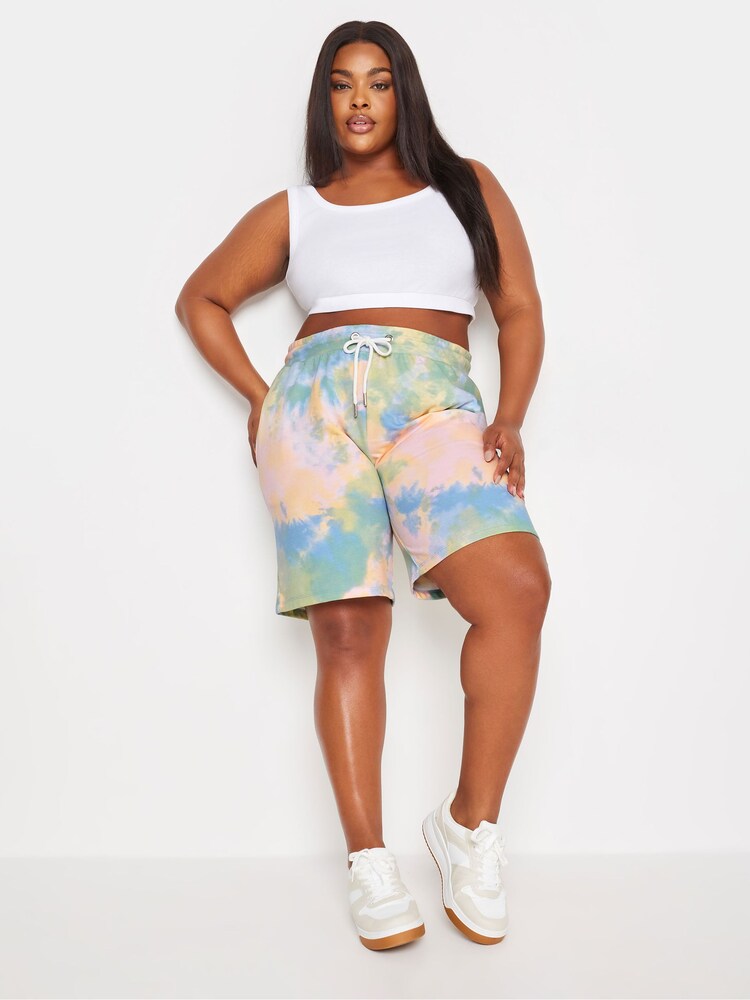 Yours Curve Yellow Tie Dye Joggers Shorts - Image 2 of 5