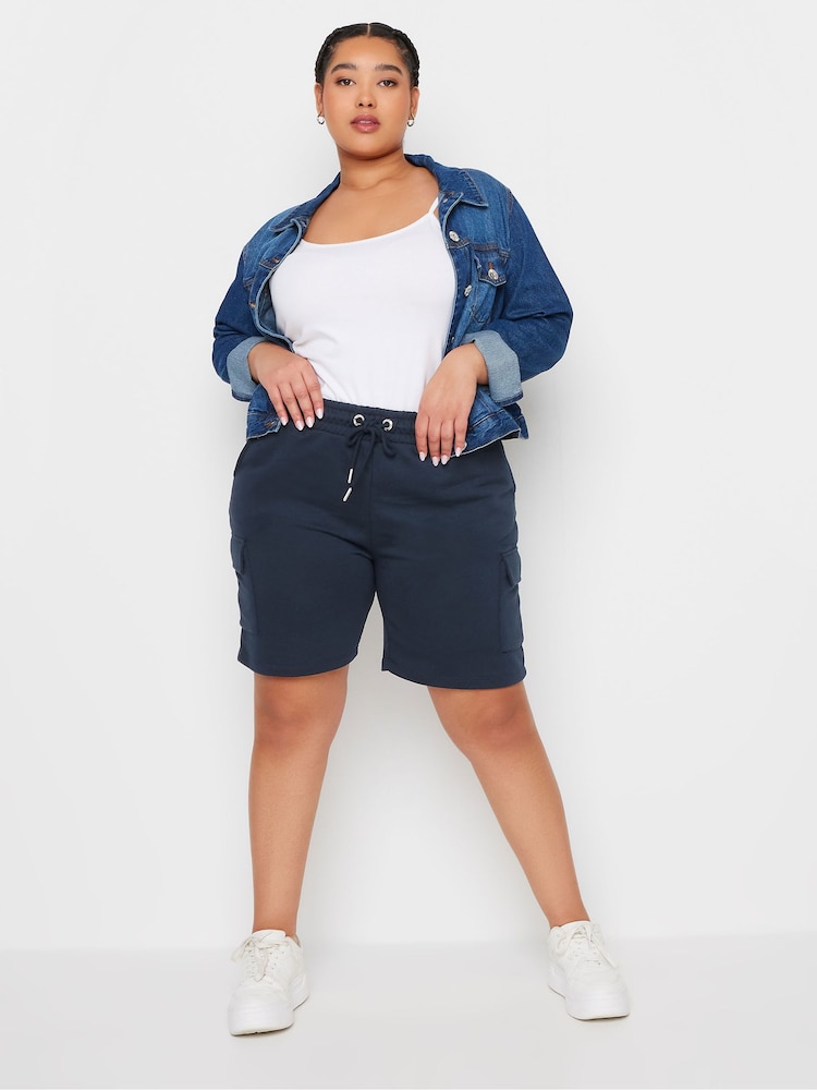 Yours Curve Blue Charcoal Grey Cargo Jogger Shorts - Image 2 of 5