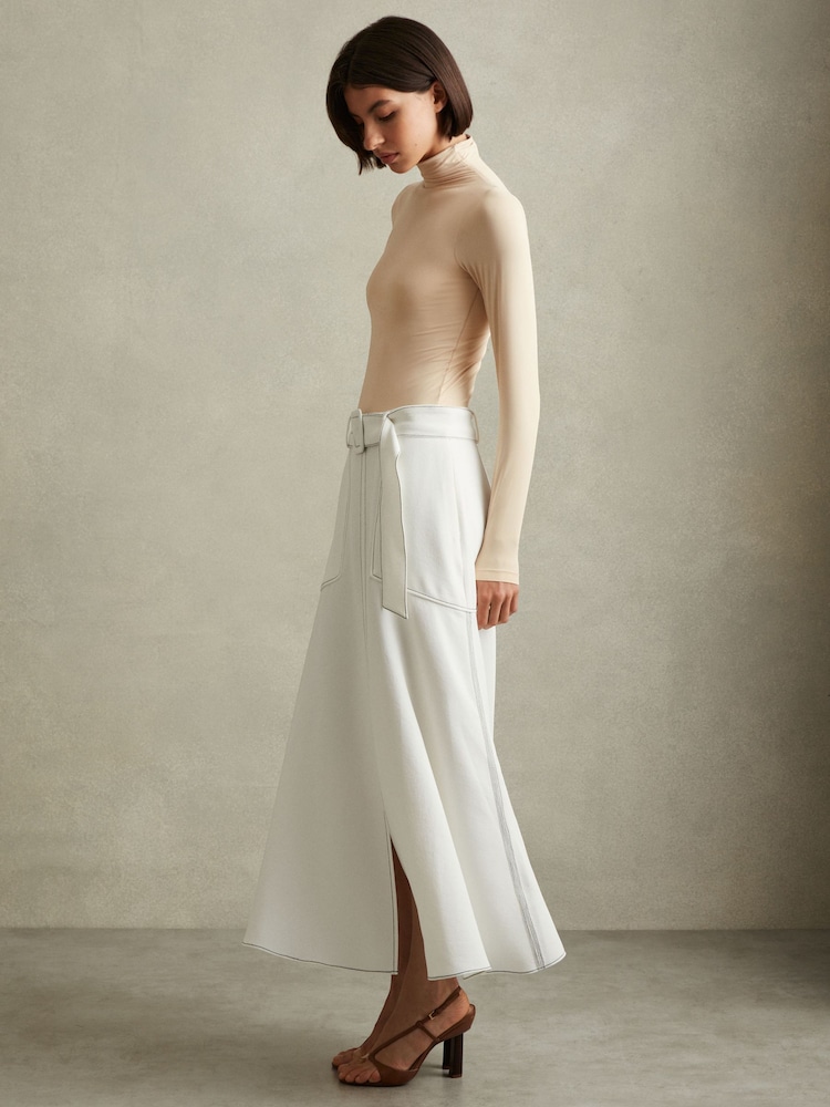 Reiss Ivory Micha Contrast Stitch Belted Midi Skirt - Image 1 of 7