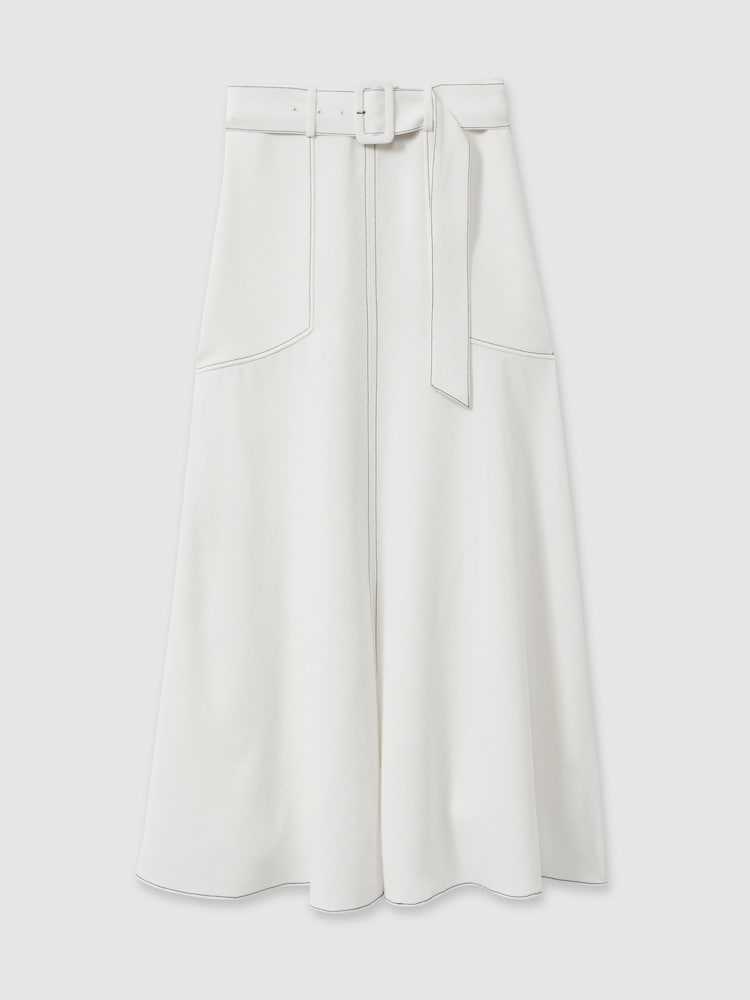 Reiss Ivory Micha Contrast Stitch Belted Midi Skirt - Image 2 of 7