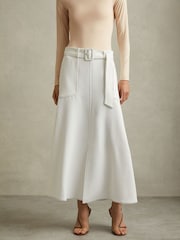 Reiss Ivory Micha Contrast Stitch Belted Midi Skirt - Image 3 of 7