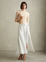 Reiss Ivory Micha Contrast Stitch Belted Midi Skirt - Image 5 of 7