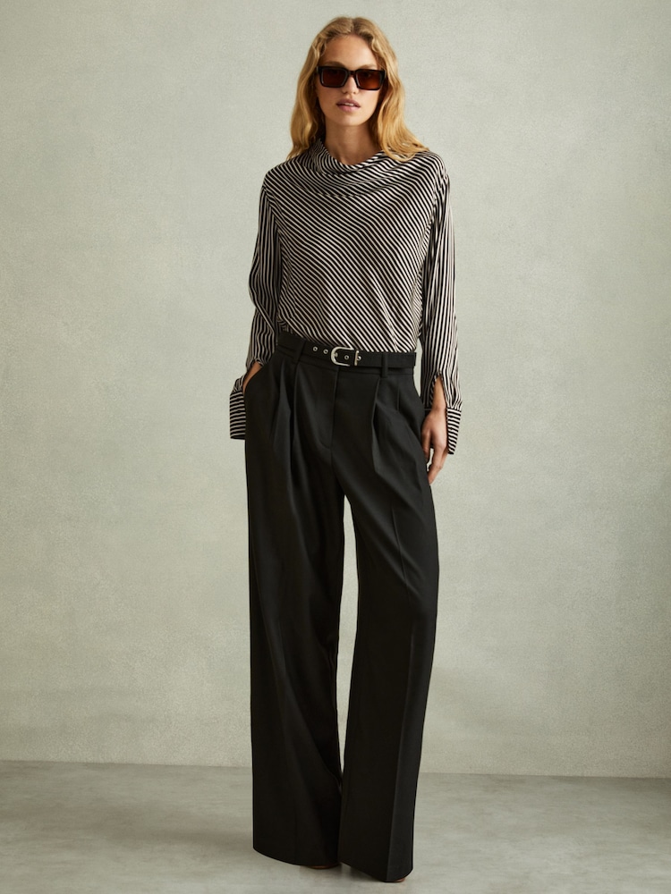 Reiss Black Addison Striped Cowl Neck Top - Image 1 of 6