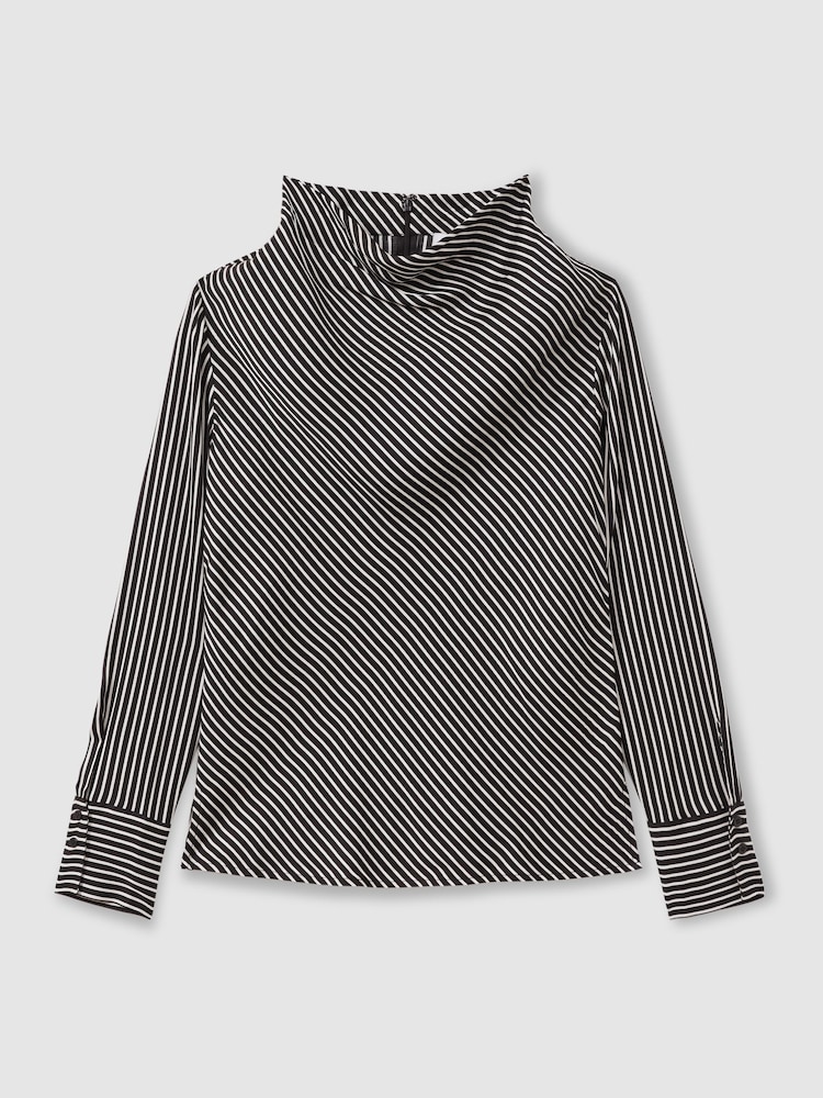 Reiss Black Addison Striped Cowl Neck Top - Image 2 of 6