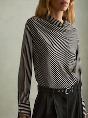 Reiss Black Addison Striped Cowl Neck Top - Image 3 of 6
