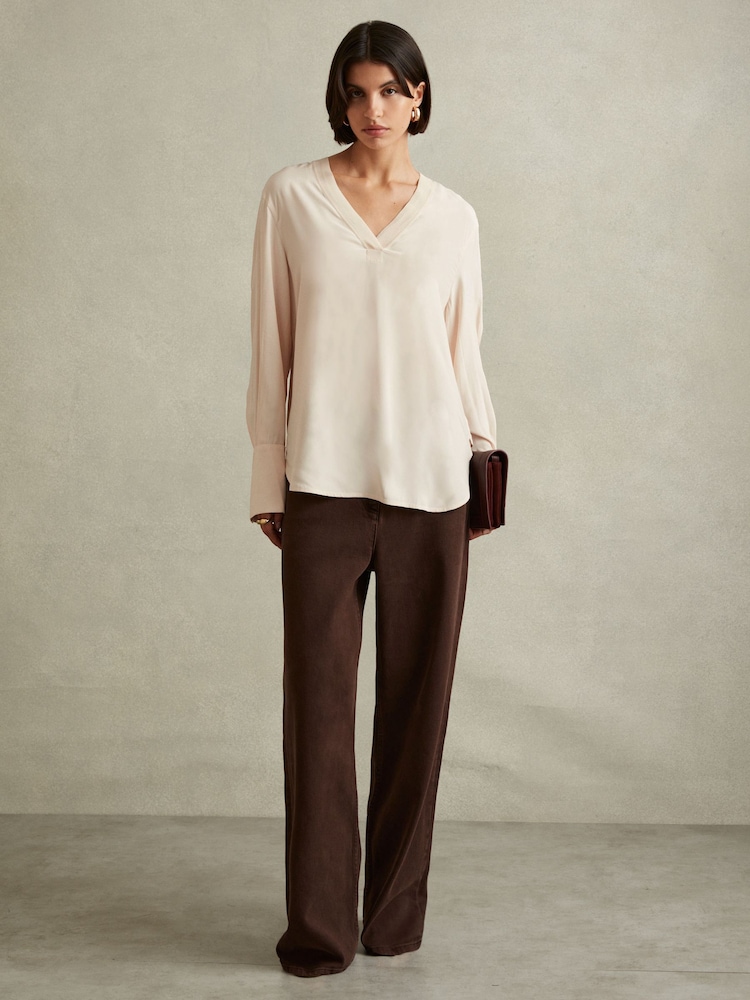 Reiss Pale Pink Tash Relaxed High-Low V-Neck Top - Image 1 of 5