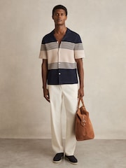 Reiss Navy/Stone Oe Blake Stripe Textured-Knit Cuban-Collar Shirt - Image 1 of 6