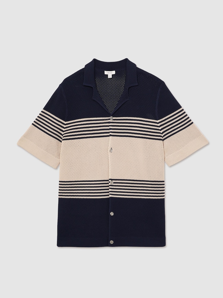 Reiss Navy/Stone Oe Blake Stripe Textured-Knit Cuban-Collar Shirt - Image 2 of 6