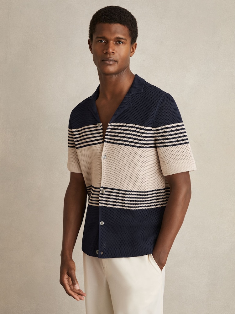 Reiss Navy/Stone Oe Blake Stripe Textured-Knit Cuban-Collar Shirt - Image 3 of 6
