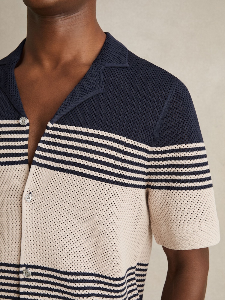 Reiss Navy/Stone Oe Blake Stripe Textured-Knit Cuban-Collar Shirt - Image 4 of 6