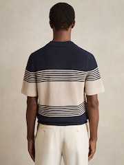 Reiss Navy/Stone Oe Blake Stripe Textured-Knit Cuban-Collar Shirt - Image 5 of 6