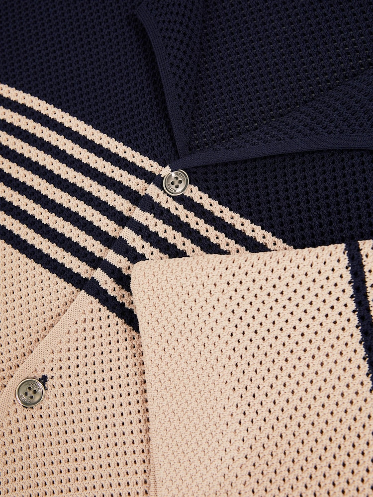 Reiss Navy/Stone Oe Blake Stripe Textured-Knit Cuban-Collar Shirt - Image 6 of 6