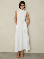 Reiss Ivory Thora Contrast Stitch Belted Midi Dress - Image 1 of 6