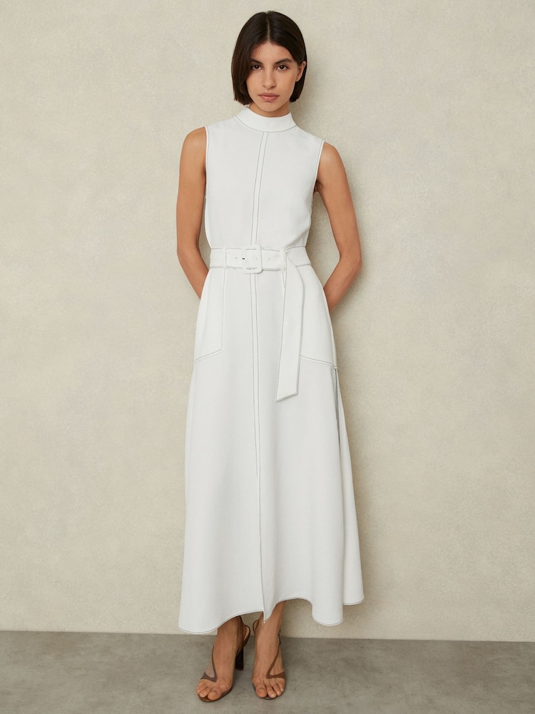 Reiss Ivory Thora Contrast Stitch Belted Midi Dress - Image 1 of 6
