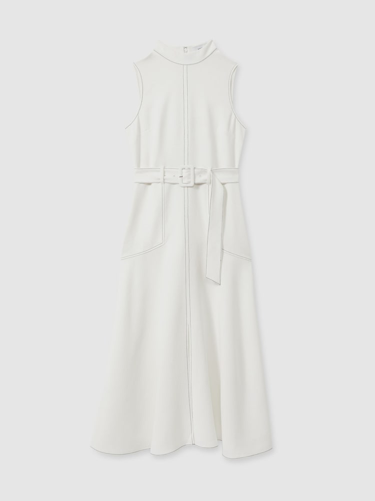 Reiss Ivory Thora Contrast Stitch Belted Midi Dress - Image 2 of 6