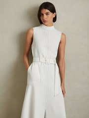 Reiss Ivory Thora Contrast Stitch Belted Midi Dress - Image 4 of 6