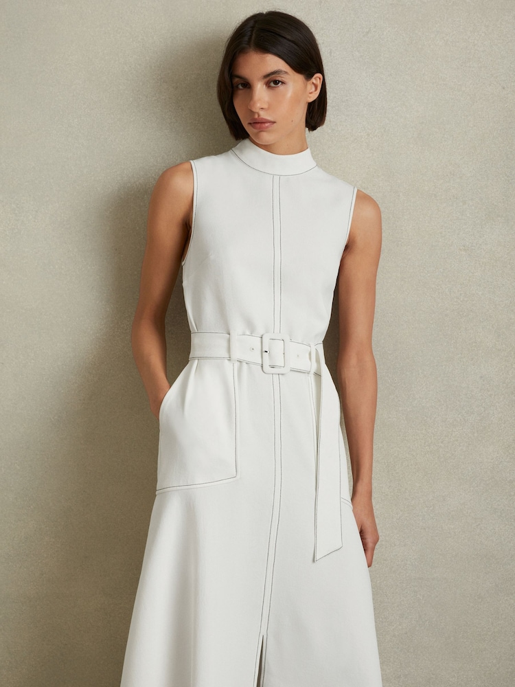 Reiss Ivory Thora Contrast Stitch Belted Midi Dress - Image 4 of 6