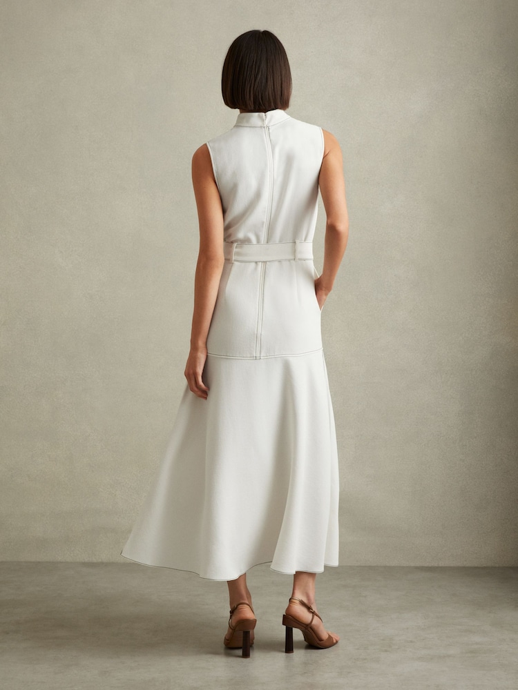 Reiss Ivory Thora Contrast Stitch Belted Midi Dress - Image 5 of 6
