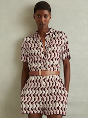 Reiss Burgundy Greta Wave Print Belted Playsuit - Image 1 of 4